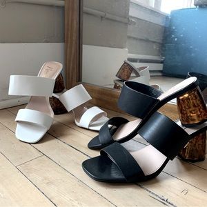 WHITE Nanette Lepore Elizabeth Dressy Sandals Asymmetrical Leopard Heels